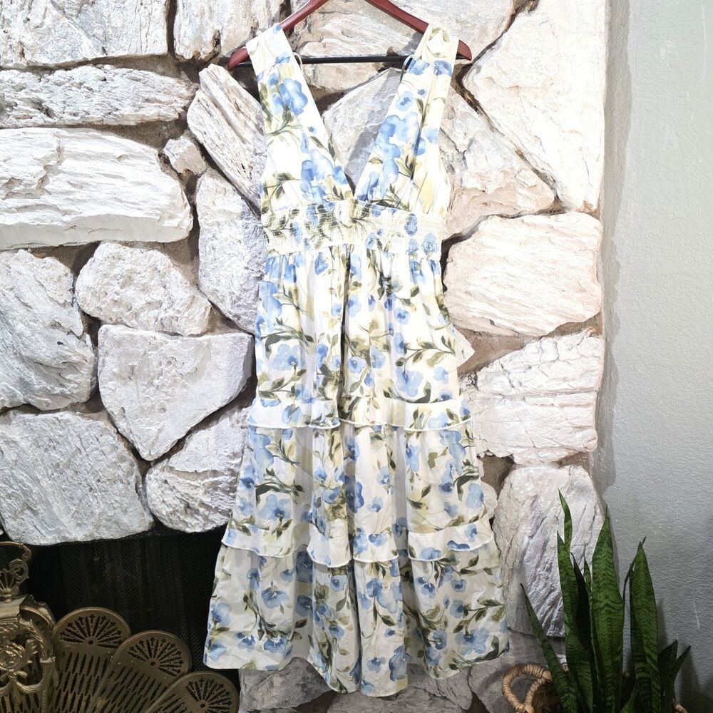 Abercrombie & Fitch Floral Tiered Maxi Sundress 100% Cotton Wedding Guest Blue